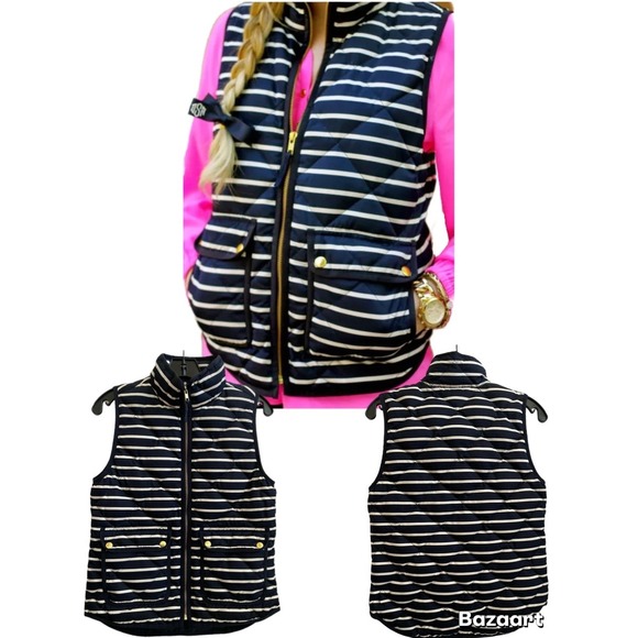 J. Crew Quilted Puffer Vest Down Filled Navy Blue White Stripe Gold Preppy Small - Picture 5 of 7